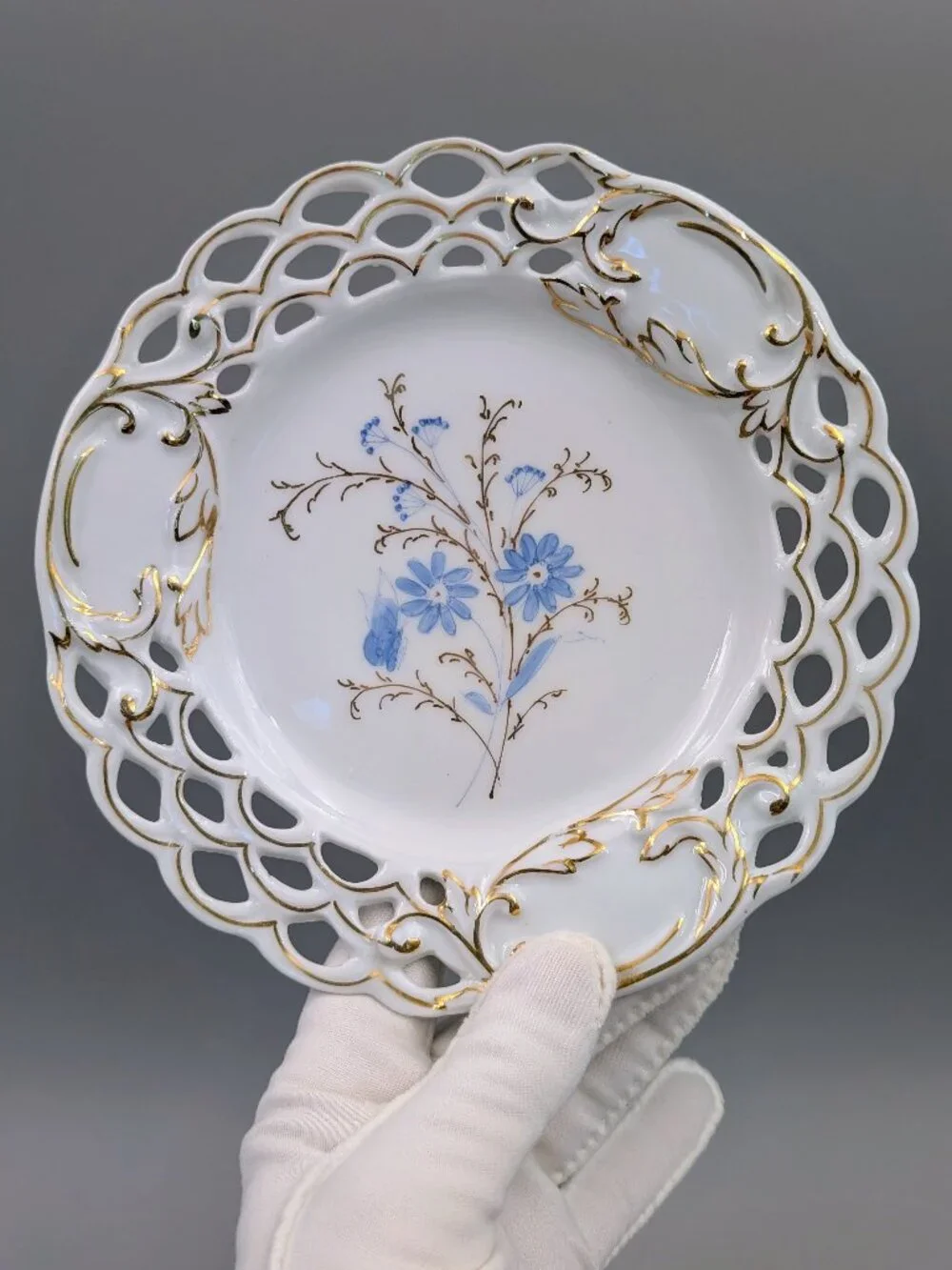 Set of 4 Antique Reticulated Porcelain Plates - Blue & White Floral with Hand Gi
